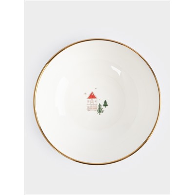 Пиала, 14x7 см, фарфор N, бело-золотистая, Домики и ели, Townlet