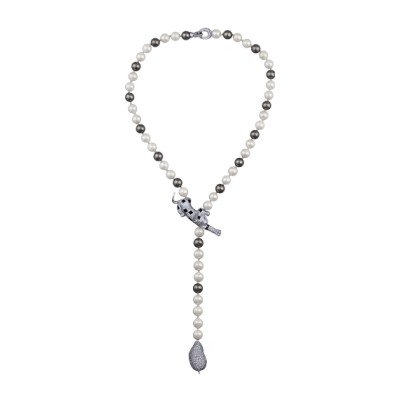 Колье Леопард (Майорка белая, темно-серая 10мм, фианит; покрытие родий) 55см, Есть комплект