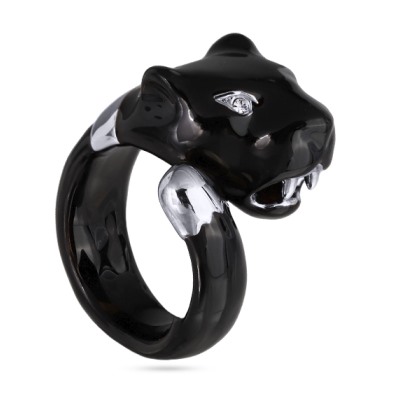 Кольцо Пантера (эмаль черная, кристаллы SW белые; покрытие родий), Есть комплект