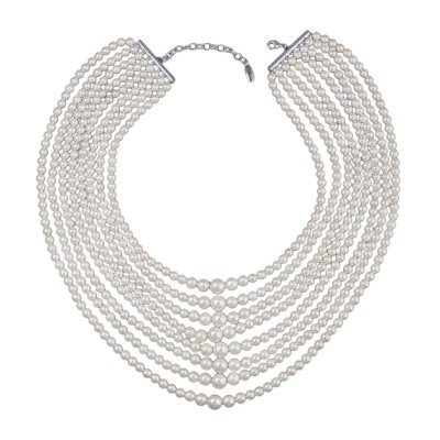 Колье Каскад (Майорка белая 6-10мм; покрытие родий) 42-48см, Есть комплект