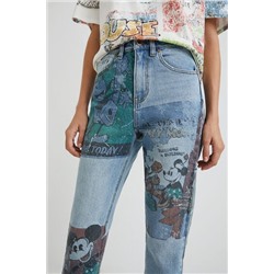 Pantalón vaquero straight cropped Mickey Mouse