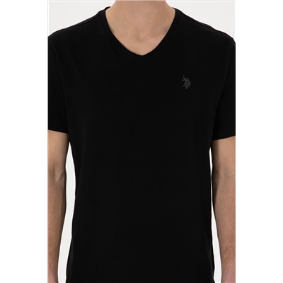 Erkek Regular Fit V Yaka Siyah Basic Tişört