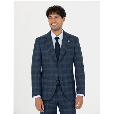 %100 Yün Ekose Lacivert Ekstra Slim Fit Takım Elbise