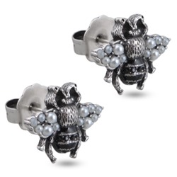 Пусеты (Майорка белая, кристаллы черные; покрытие античное серебро), Есть комплект