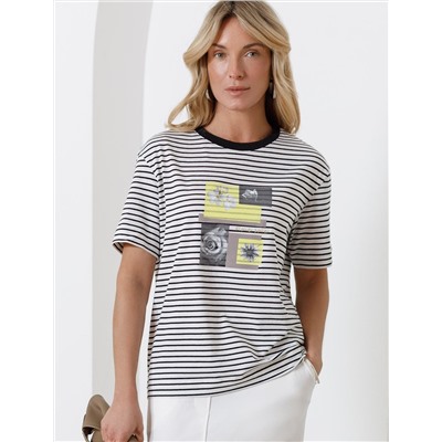 Свободная футболка в черно-белую полоску с принтом из премиального хлопка с эластаном