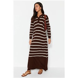 TRENDYOL MODEST Kahverengi Polo Yaka Çizgili Triko Elbise TCTAW22EB02122