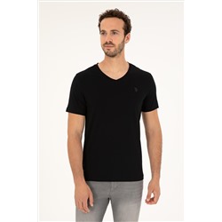 Erkek Slim Fit V Yaka Siyah Basic Tişört