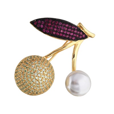 Брошь Вишенка (Майорка белая, фианиты фуксия; покрытие золото), Есть комплект