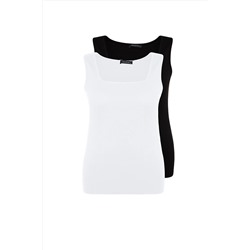 Trendyol Curve Siyah-Beyaz Basic Fitilli Örme 2'li Paket Kare Yaka Atlet TBBSS22AL0024