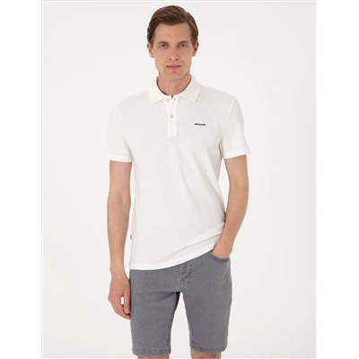 Ekru Slim Fit Örme Dokulu Polo Yaka Tişört