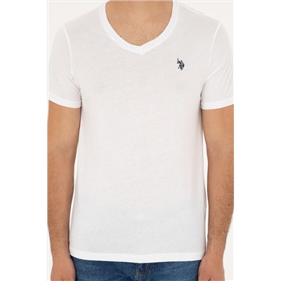 Erkek Slim Fit V Yaka Beyaz Basic Tişört