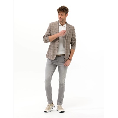 Açık Kahverengi Slim Fit Yün Keten Karışımlı Ekose Ceket