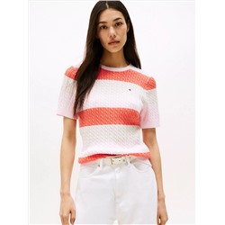Short-Sleeve Stripe Cable Knit Sweater