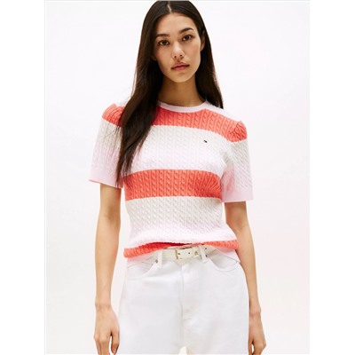 Short-Sleeve Stripe Cable Knit Sweater