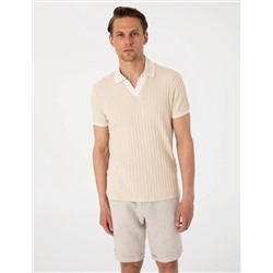 Bej Slim Fit Örme Dokulu Polo Yaka Tişört