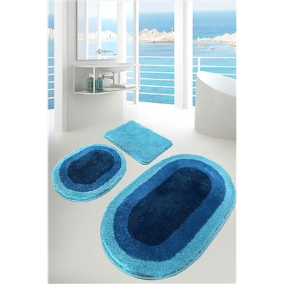Chilai Home Elips Mavi 3 Lü Set Banyo Halısı Paspas Kaymaz Taban Yıkanabilir 8683264267963