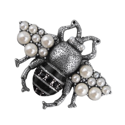 Брошь (Майорка белая, кристаллы черные; покрытие античное серебро), Есть комплект