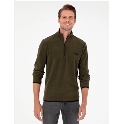 Haki Regular Fit Yarım Fermuarlı Polar Sweatshirt