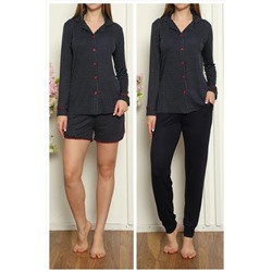 Nicoletta Kadın Şortlu Ve Uzun Pijama Takımı Uzun Kollu 3 Lü Set Likralı Laci 90435-3