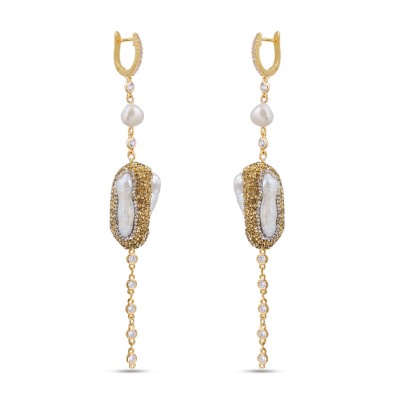 Серьги (жемчуг барочный белый, кристаллы шампань; покрытие золото), Есть комплект