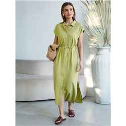 Длинное платье-рубашка с поясом и разрезами изо льна с вискозой