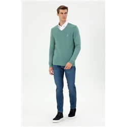 Erkek Slim Fit V Yaka Mint Basic Kazak