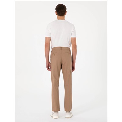 Kahverengi Slim Fit Keten Karışımlı Beli Lastikli Kanvas Pantolon