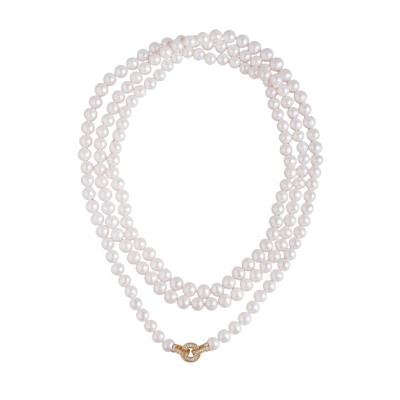 Колье (жемчуг белый 8-9мм, фианиты; покрытие золото) 160см, Есть комплект