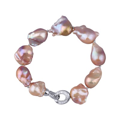 Браслет Барокко (жемчуг 15-25мм лососевый, фианит; родий) 21см, Есть комплект