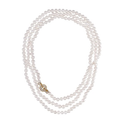 Колье (жемчуг белый 7-8мм, фианит; покрытие золото) 160см, Есть комплект