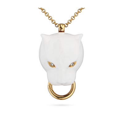 Кулон Пантера (эмаль белая, кристаллы SW белые; покрытие золото) 80см, Есть комплект