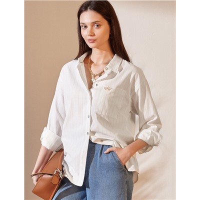 Блузка в полоску свободного силуэта с карманом из хлопка с добавлением льна