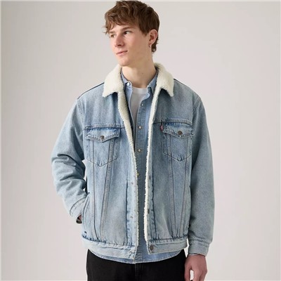 Model is 6'1", Waist 29", Wearing a Size M Levi's® Premium Relaxed Fit Sherpa Trucker Jacket