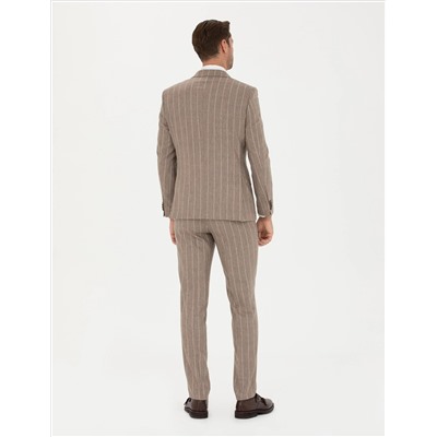 Bej Çizgili Ekstra Slim Fit Yün Takım Elbise