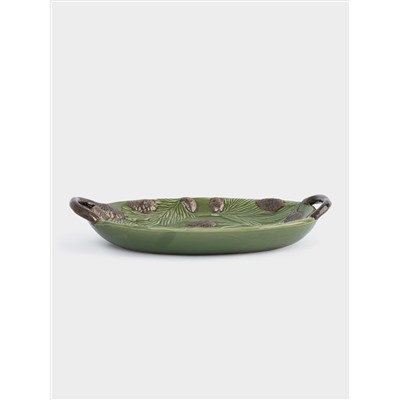 Блюдо, 29х19 см, с ручками, керамика D, зеленое, Шишки на еловой ветке, Fir branch