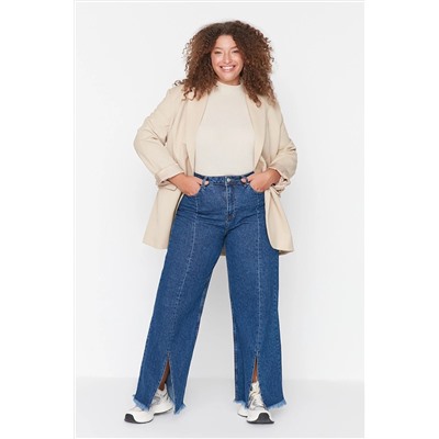 Trendyol Curve Koyu Mavi Yüksek Bel Paçası Yırtmaçlı Wideleg Jeans TBBAW23CJ00043