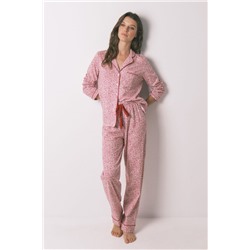 Pijama camisero algodón flores rojo