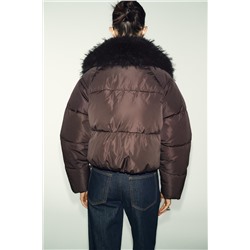 PUFFER BOMBER JACKET WITH FAUX FUR LAPEL