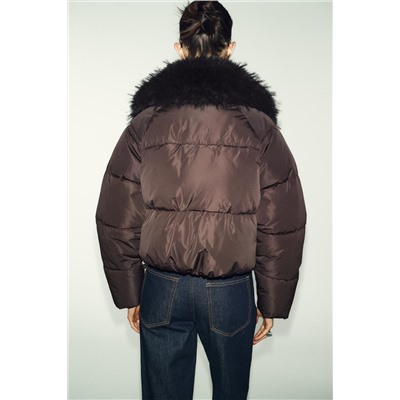 PUFFER BOMBER JACKET WITH FAUX FUR LAPEL