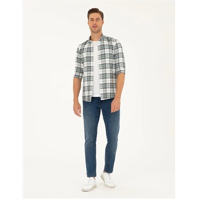 Su Yeşili Ekose Slim Fit Uzun Kollu Gömlek