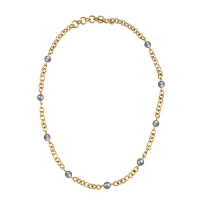 Колье Симбиоз (Майорка серо-голубая 12мм; покрытие золото) 77-90см, Есть комплект