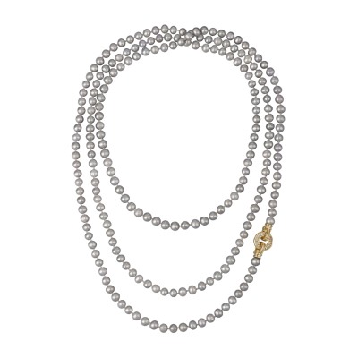Колье (жемчуг серо-голубой 7-8мм, фианиты; покрытие золото) 160см, Есть комплект