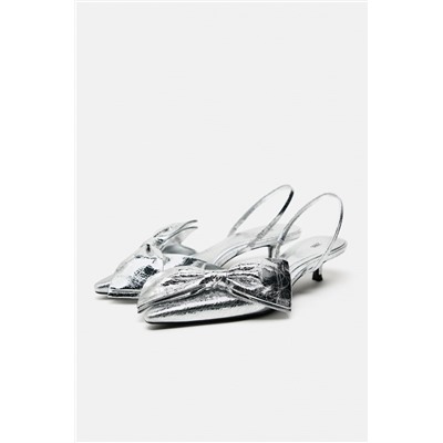 METALLIC KITTEN HEEL SHOES WITH BOW