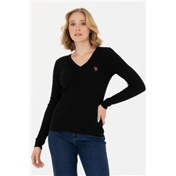 Kadın Siyah V - Yaka Basic Kazak