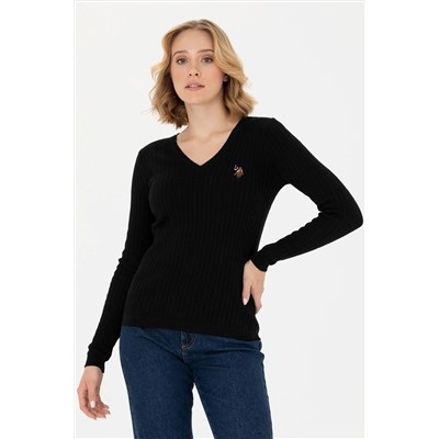 Kadın Siyah V - Yaka Basic Kazak