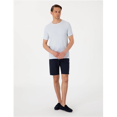 Lacivert Slim Fit Keten Karışımlı Beli Bağcıklı Dokuma Şort