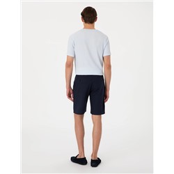 Lacivert Slim Fit Keten Karışımlı Beli Bağcıklı Dokuma Şort