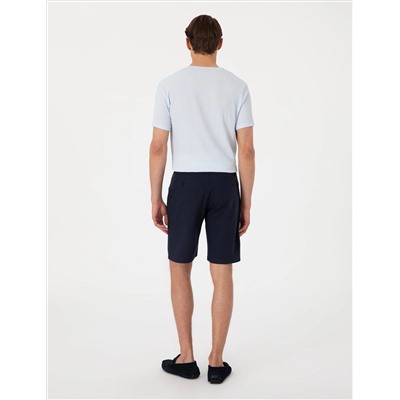 Lacivert Slim Fit Keten Karışımlı Beli Bağcıklı Dokuma Şort