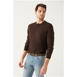 Kahverengi Bisiklet Yaka Önü Dokulu Regular Fit Triko Kazak