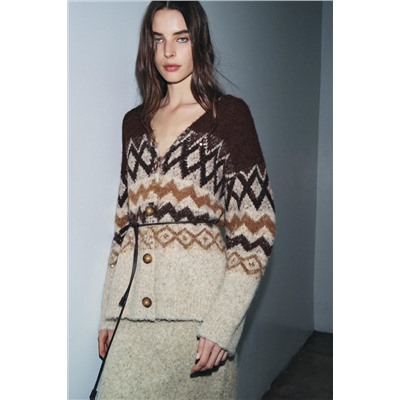 JACQUARD SEQUIN KNIT CARDIGAN WITH BELT